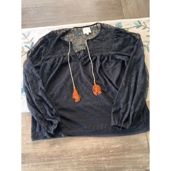 MISA Los Angeles Boho Tassel Blouse Long Sleeve‎ Lace Top Black XS - Picture 3 of 7